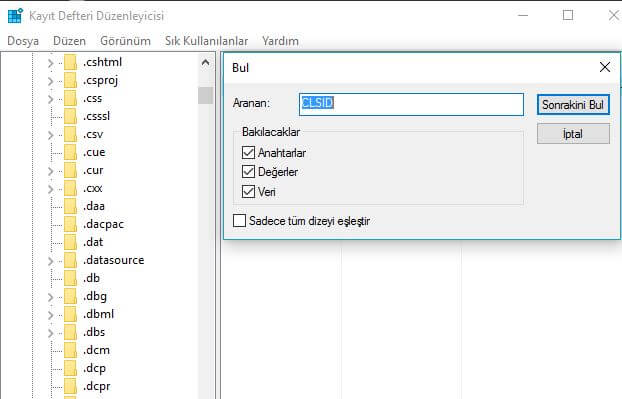 regedit içerisinde clsid anahtarını aratma